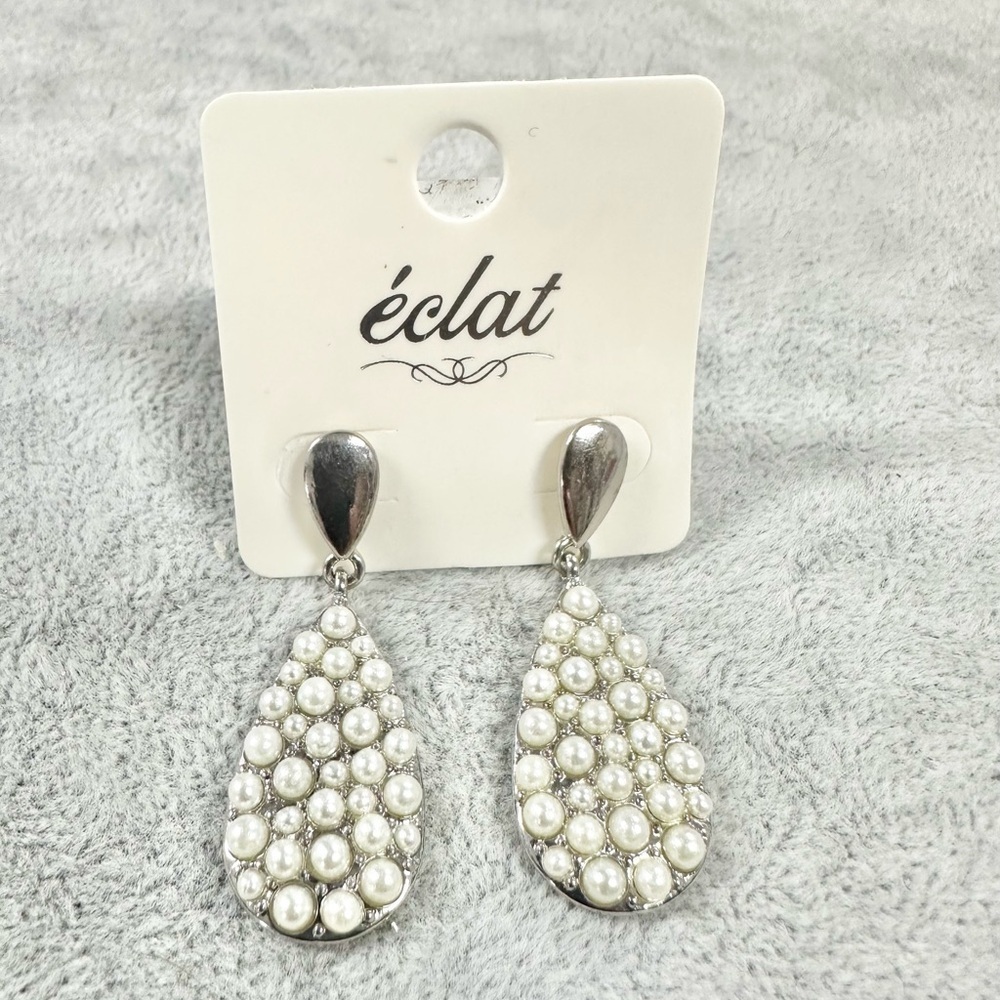 e'clat Sliver Tone Faux Pearl Post Back Drop Earrings